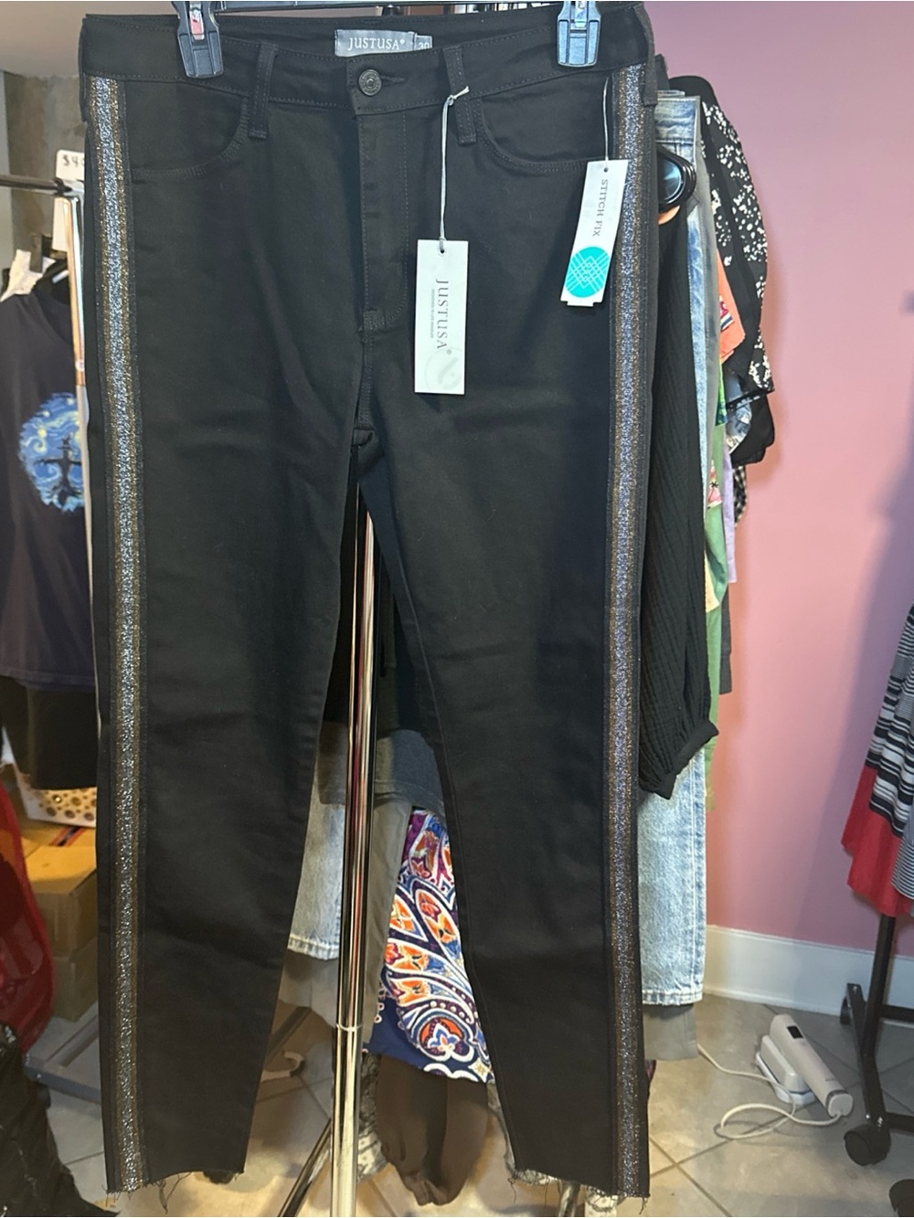 Just USA Black Skinny Pants with Metallic Side Stripes